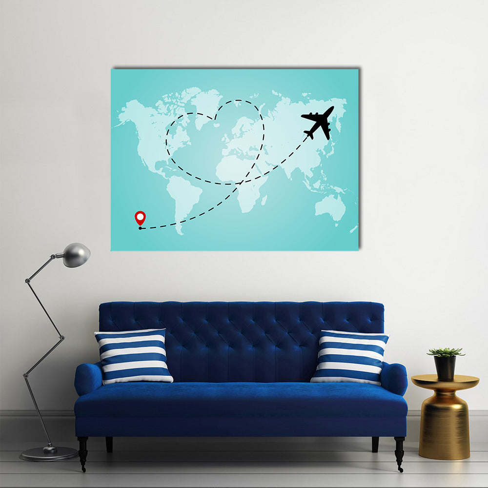 World Map With Airplane Canvas Wall Art