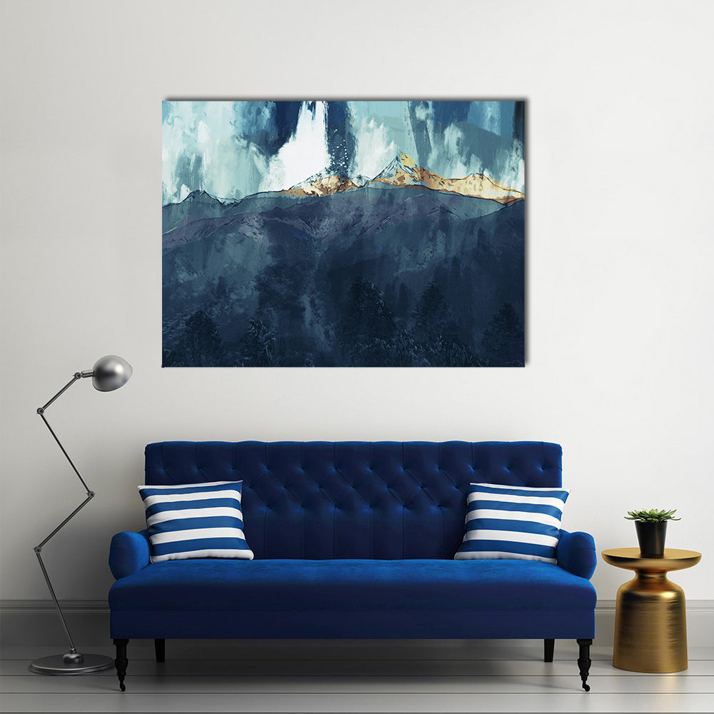 Abstract Mountain Range at Golden Dusk Canvas Wall Art in gold, blue and navy, single panel hung on a wall