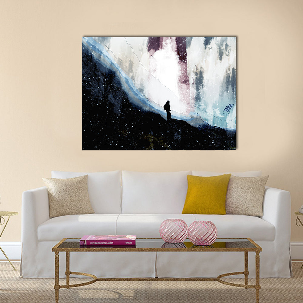 Lone Hiker Beneath Starlit Rift Canvas Wall Art in black, white and blue, single panel hung on a wall