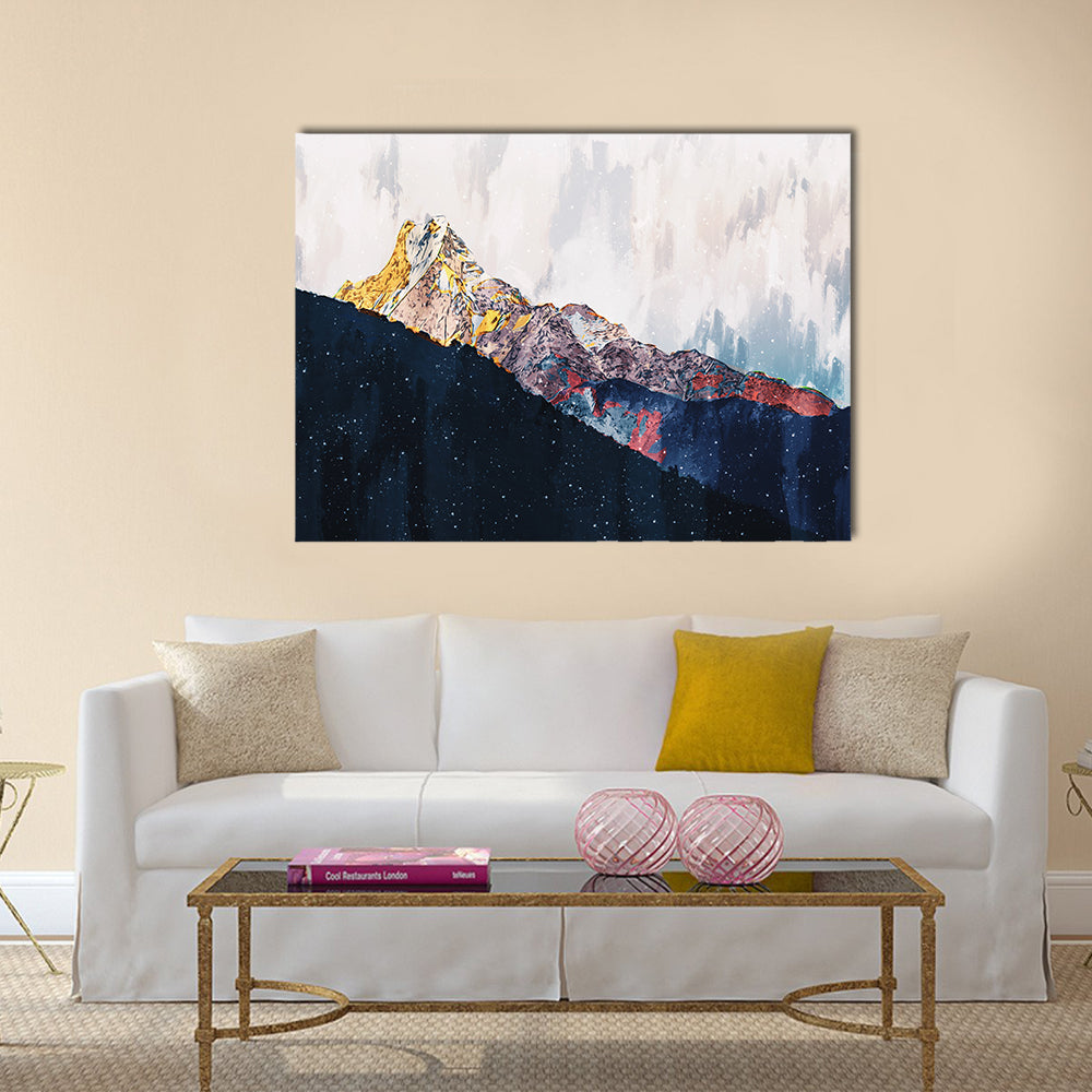 Colorful Abstract Mountain Range Canvas Wall Art in white, blue and multicolor, single panel hung on a wall