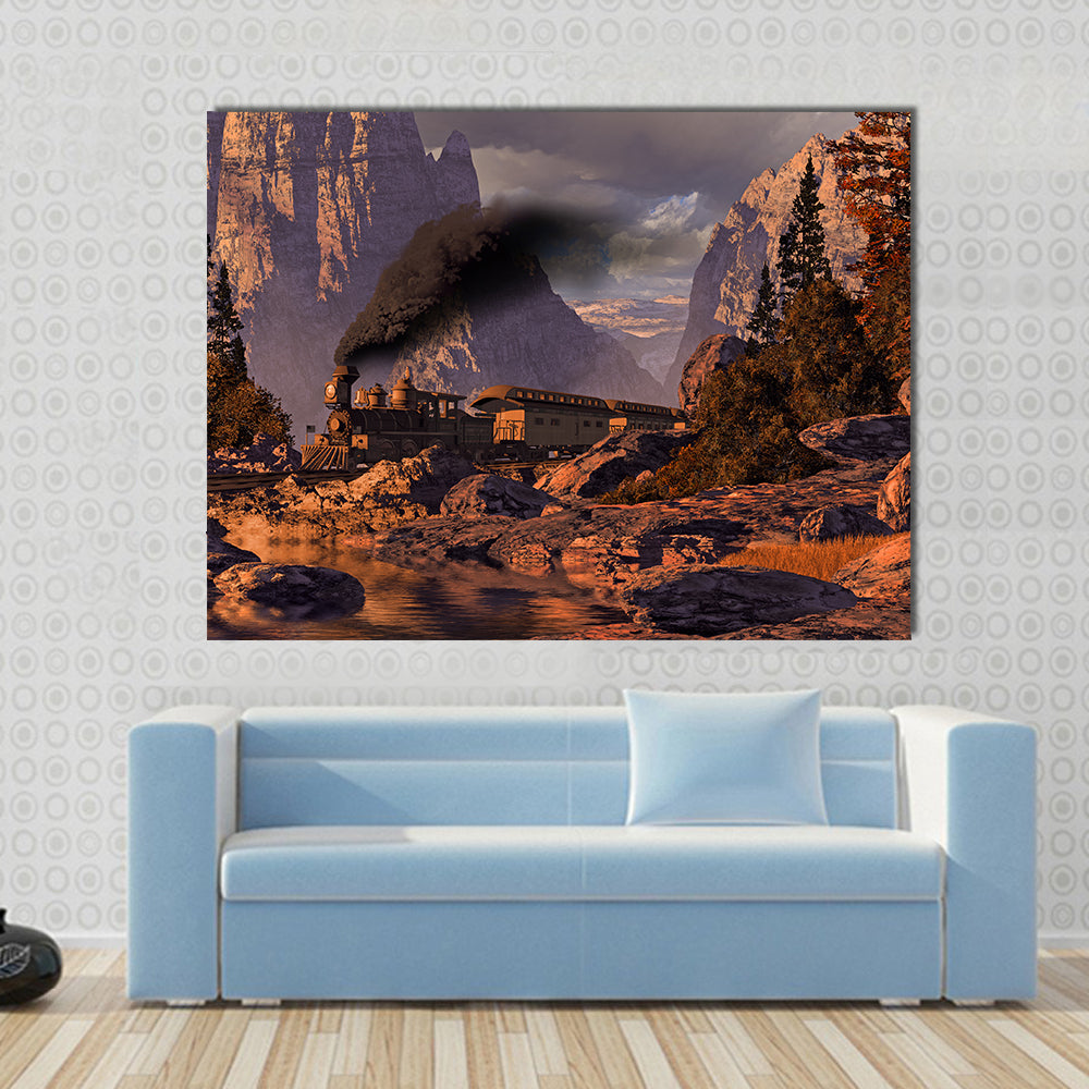 Old West Steam Locomotive at Sunset Canvas Wall Art in brown, orange and purple, single panel hung on a wall