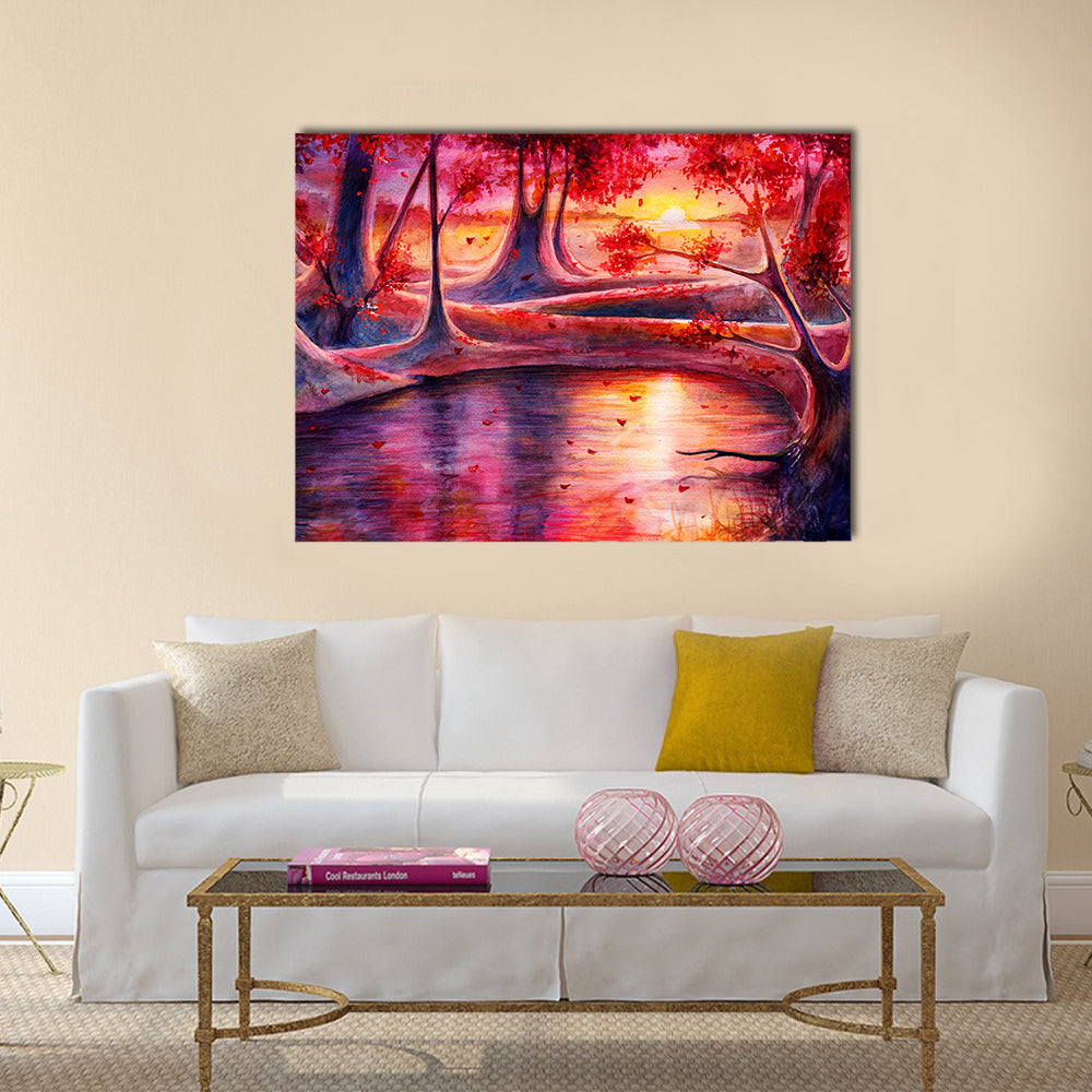 Autumn Lake Forest Watercolor Canvas Wall Art in red, orange and pink, single panel hung on a wall
