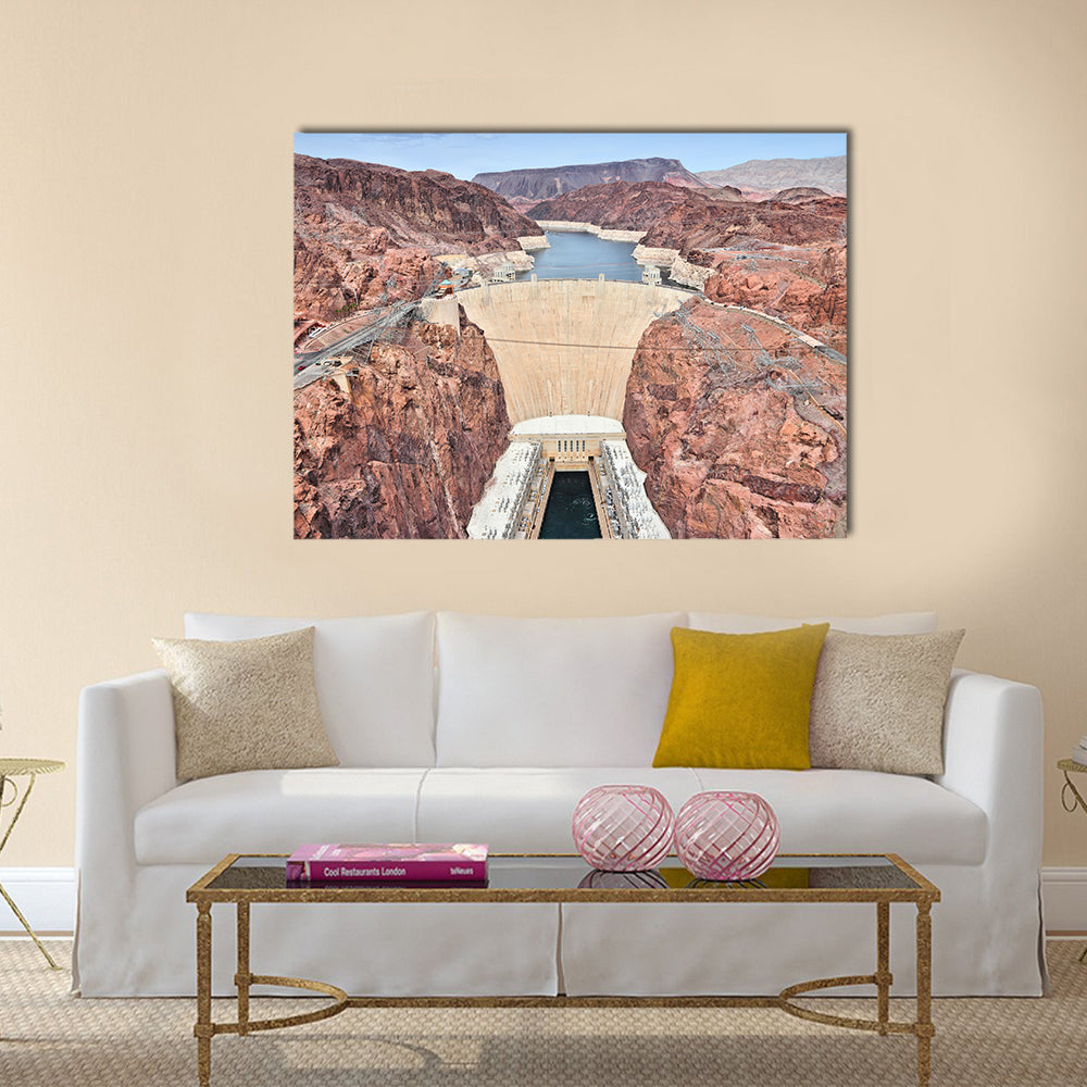 Hoover Dam in United States Canvas Wall Art in beige, brown and blue, single panel hung on a wall