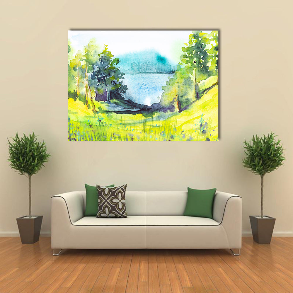Watercolor Forest By Lake Canvas Wall Art