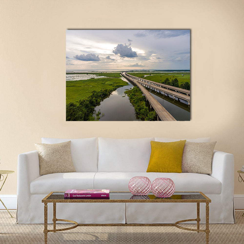 Interstate 10 Bridge Over Mobile Bay, Alabama Canvas Wall Art in gray, green and blue, single panel hung on a wall