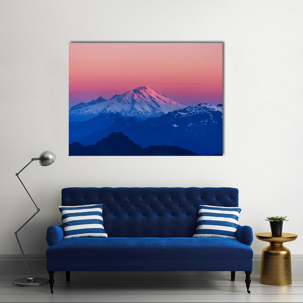 Mountain Peak In North Cascade Range Washington Canvas Wall Art in black, white and pink, single panel hung on a wall