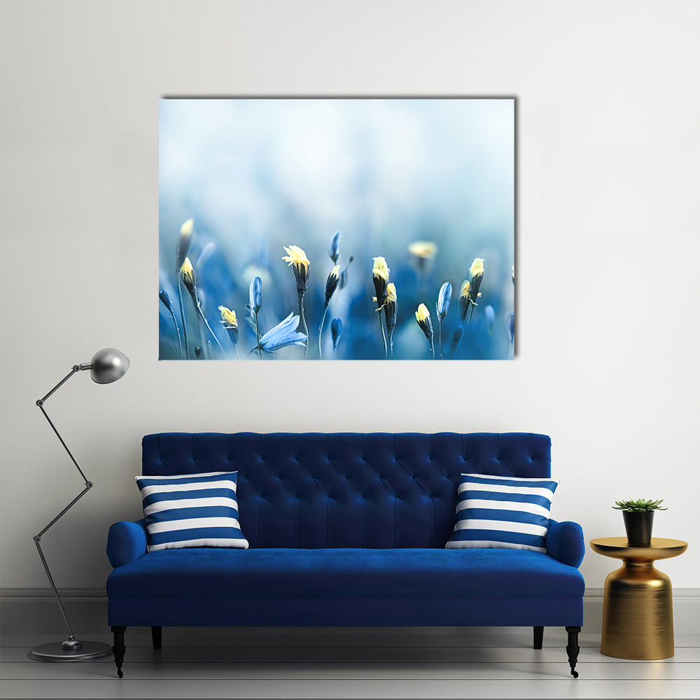 Yellow Dandelions Canvas Wall Art in white, yellow and blue, single panel hung on a wall