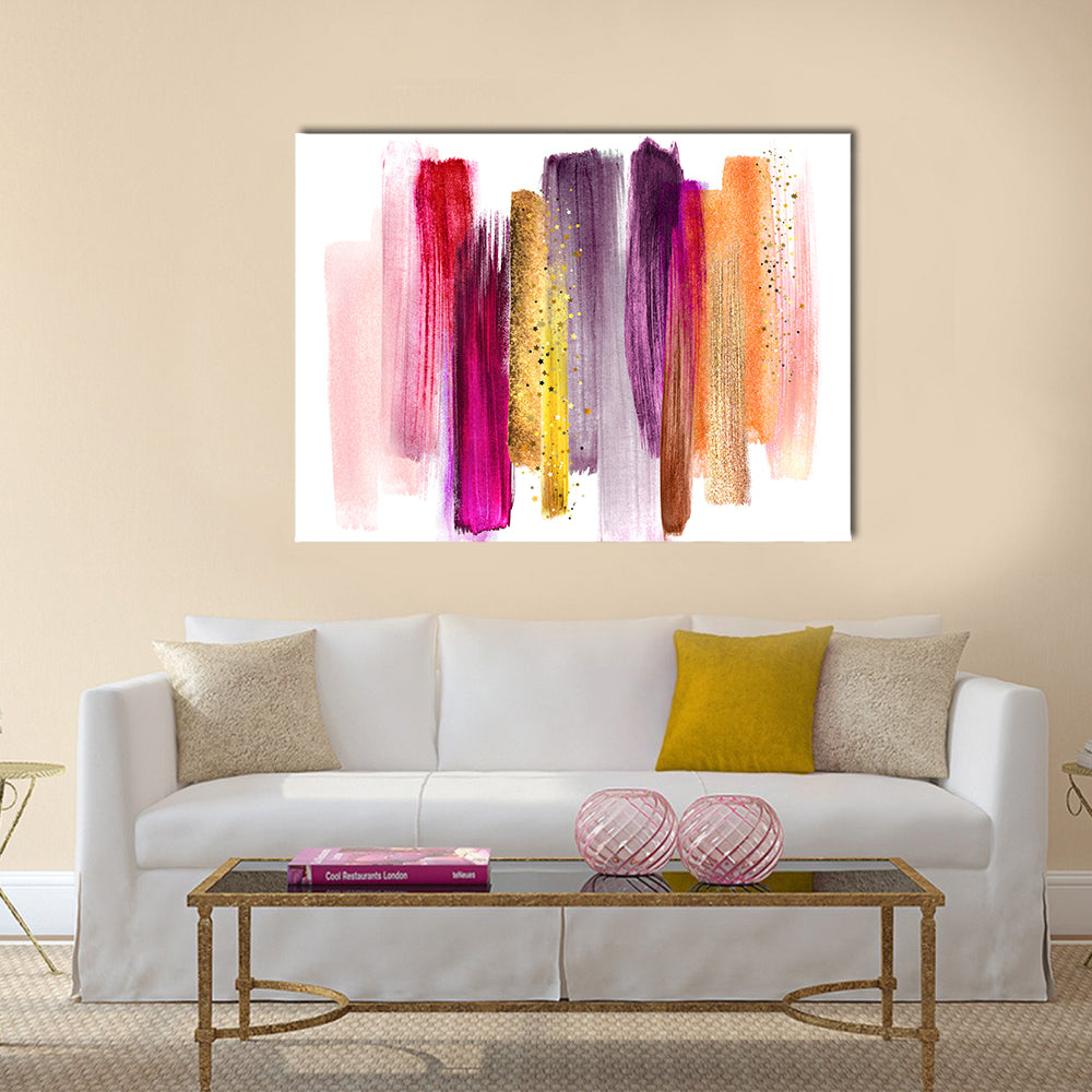 Watercolor Brush Strokes with Gold Highlights Canvas Wall Art in gold, purple and pink, single panel hung on a wall