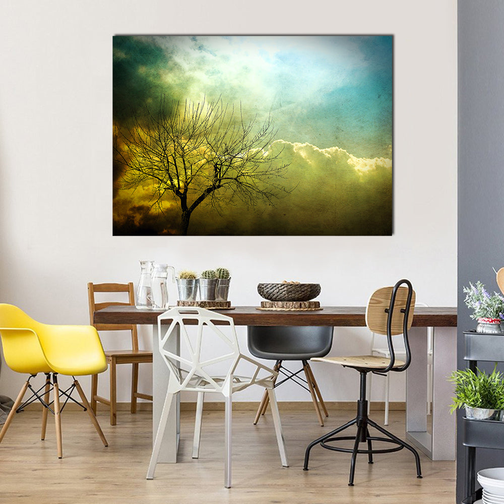 Grunge Leafless Tree with Backlit Clouds Canvas Wall Art