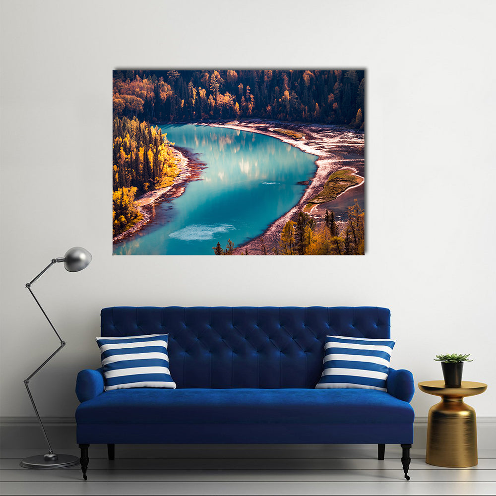 Xinjiang Kanas River In China Canvas Wall Art in green, turquoise and blue, single panel hung on a wall