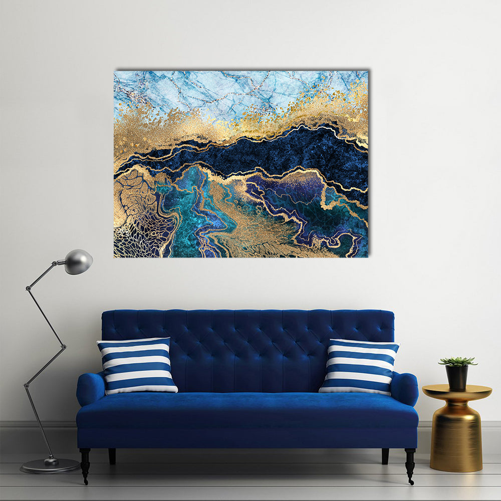 Artificial Marbled Surface Canvas Wall Art in gold, blue and navy, single panel hung on a wall