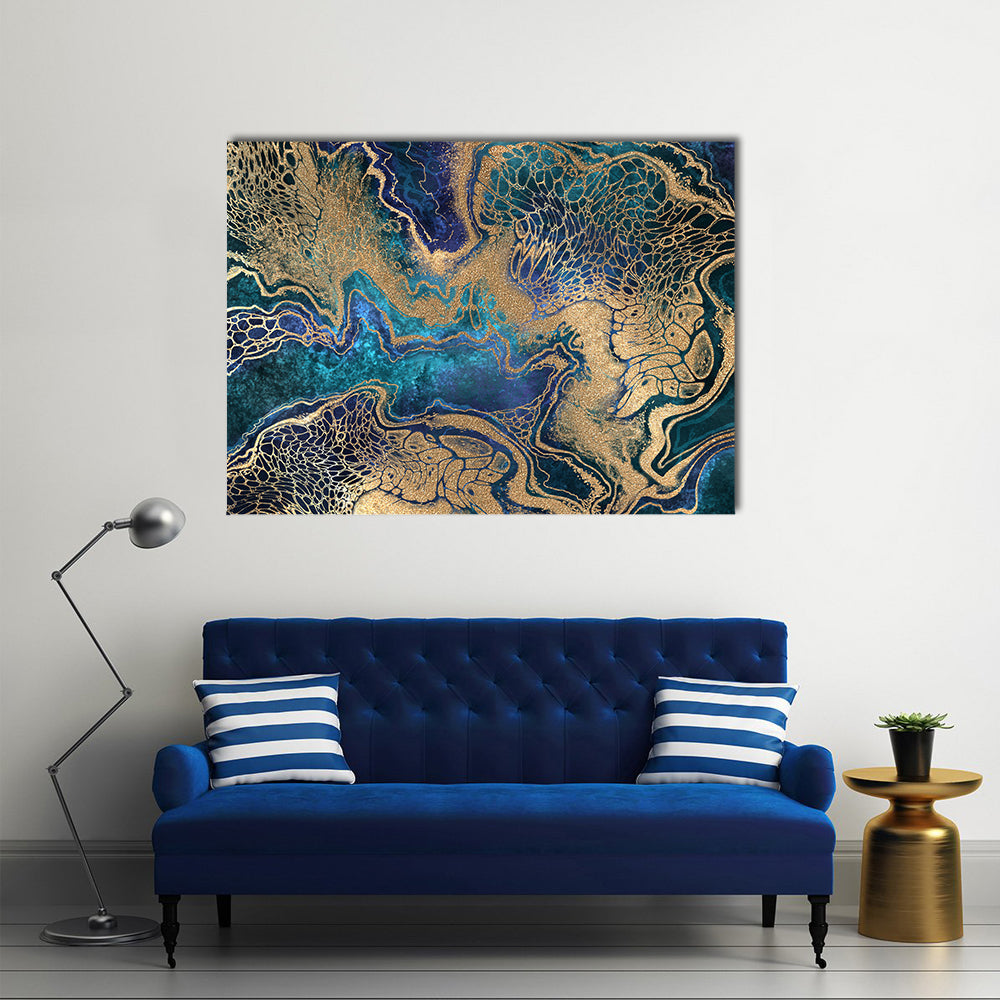 Blue And Gold Marble Texture Canvas Wall Art in gold and blue, single panel hung on a wall