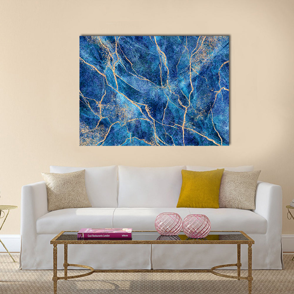 Indigo Stone with Metallic Gold Veins Canvas Wall Art in gold, blue and navy, single panel hung on a wall