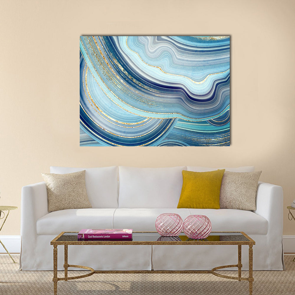Swirling Blue Agate Marble with Gold Veins Canvas Wall Art in white, gold and blue, single panel hung on a wall
