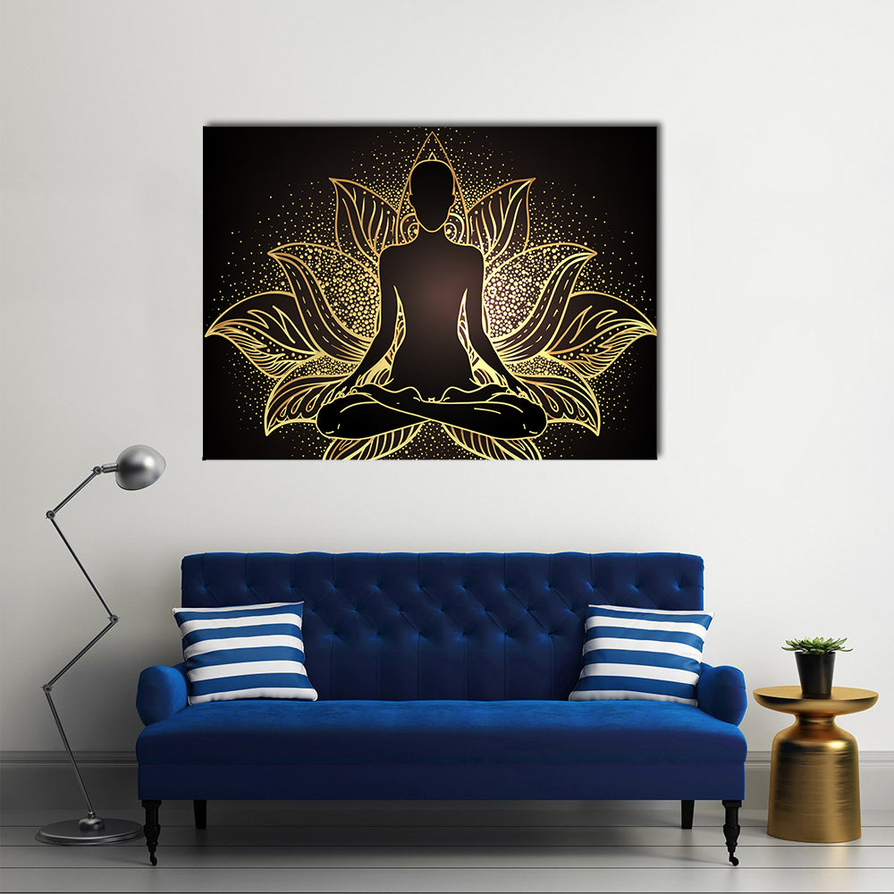 Silhouette In lotus Position Over Ornate Mandala Canvas Wall Art in black and gold, single panel hung on a wall