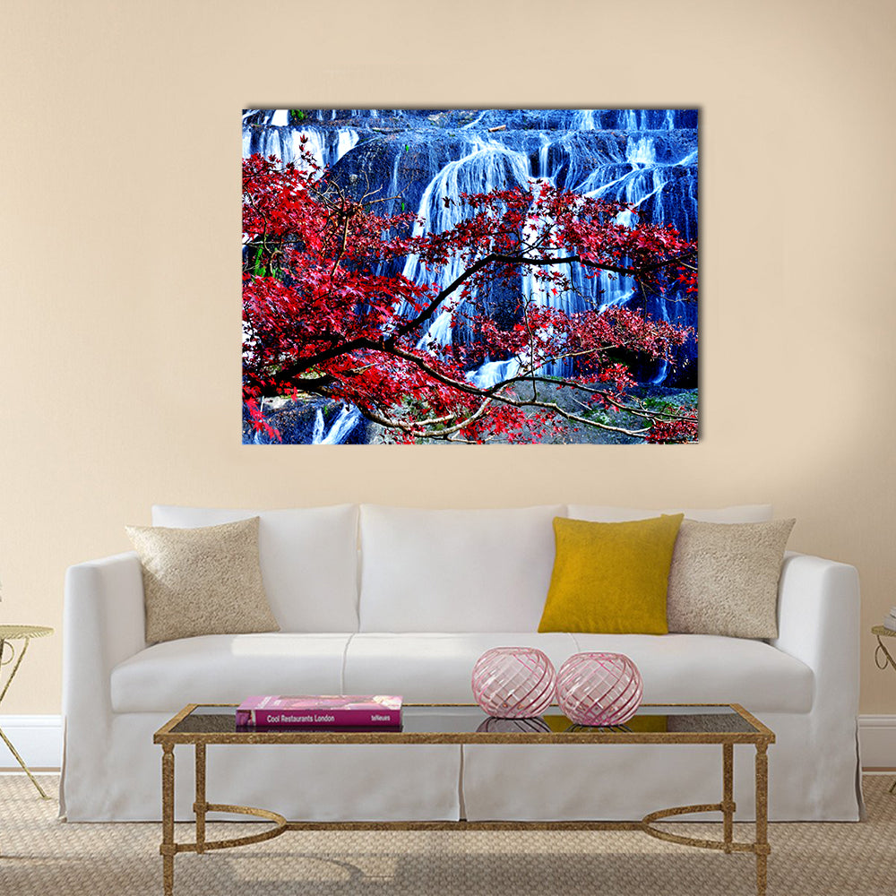 Fukuroda Waterfall In Japan Canvas Wall Art in black, red and blue, single panel hung on a wall