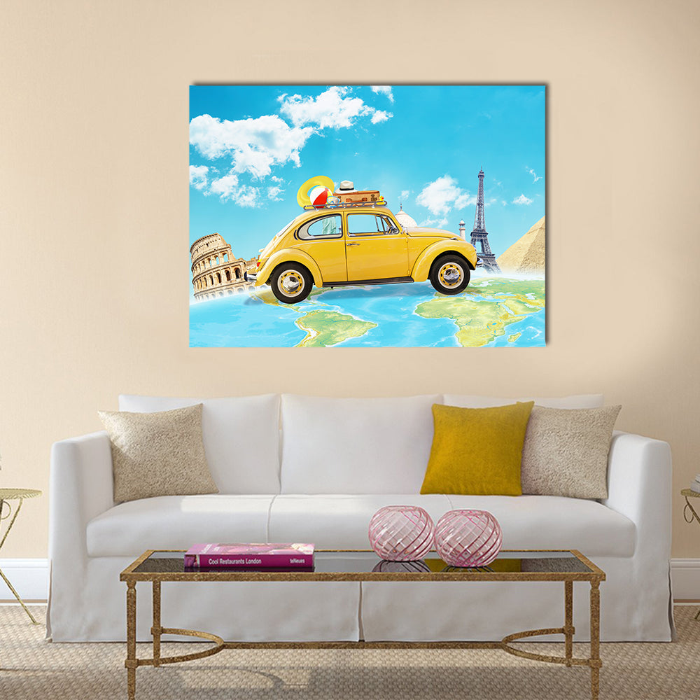Yellow Vintage Car Over World Map Canvas Wall Art in white, yellow and blue, single panel hung on a wall
