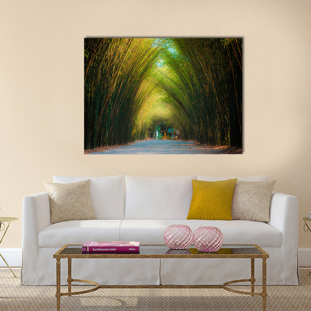 Tunnel Bamboo Trees In Thailand Canvas Wall Art in brown, yellow and green, single panel hung on a wall
