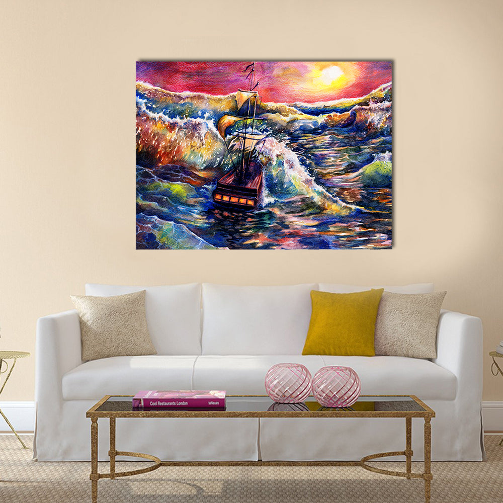 Sunset Sailing Ship in Stormy Sea Canvas Wall Art