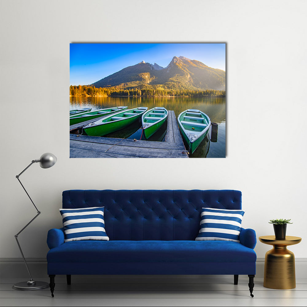 Green Rowboats on Mountain Lake Canvas Wall Art