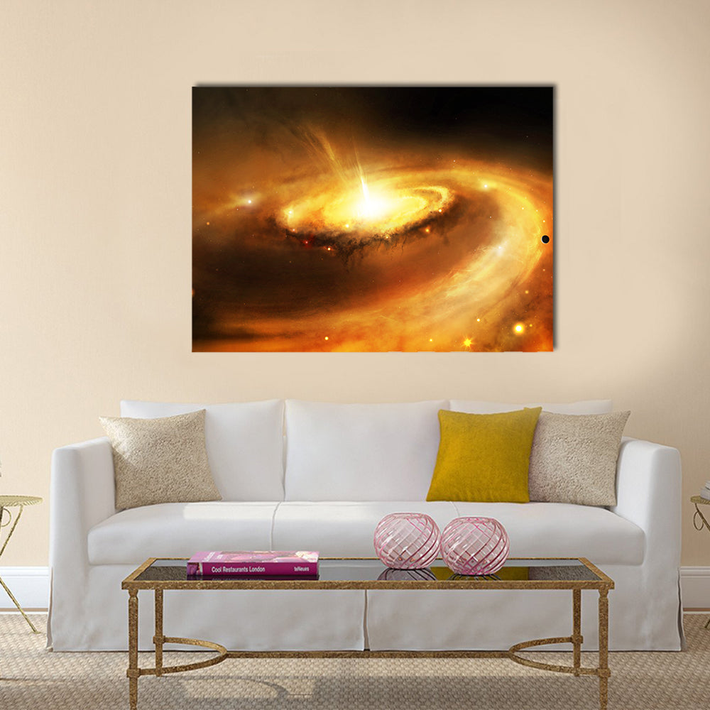 Galaxy Core in Space Canvas Wall Art in black, orange and yellow, single panel hung on a wall