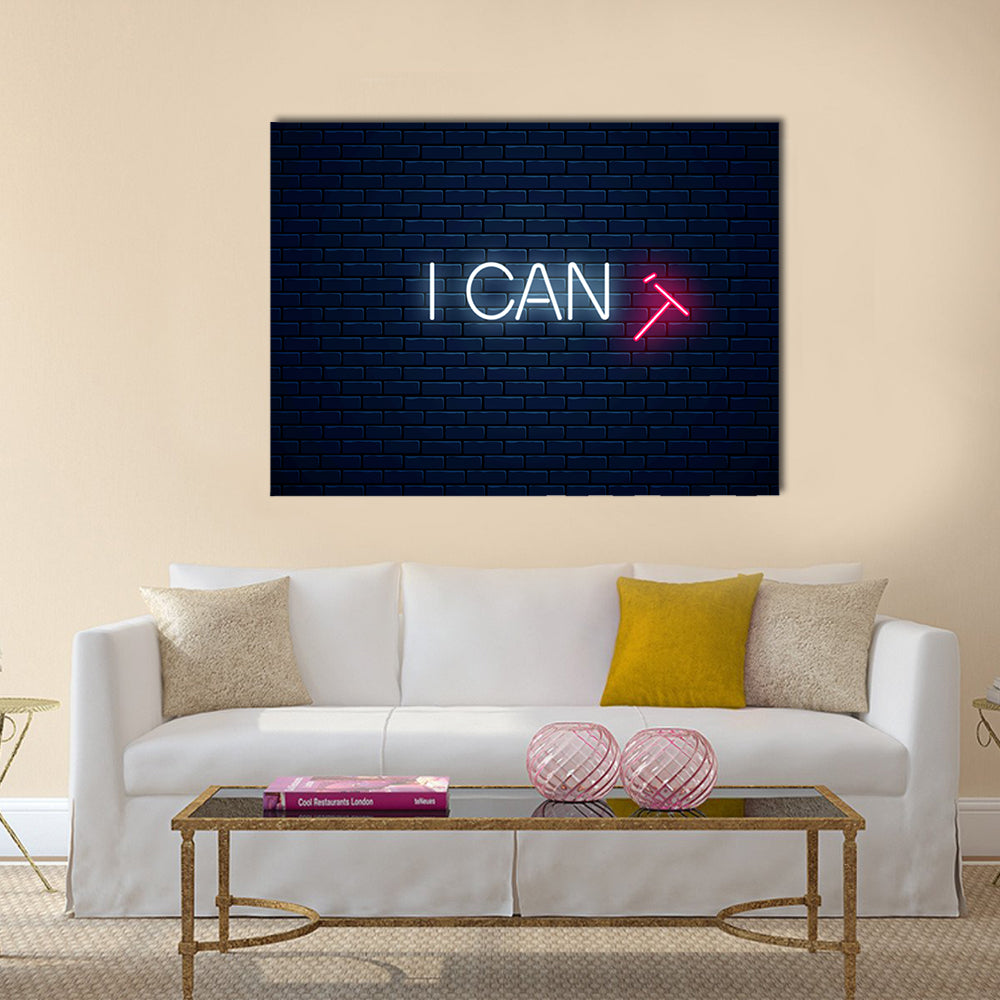 I Can Neon Quote with Crossed-out T Canvas Wall Art in black, white and blue, single panel hung on a wall