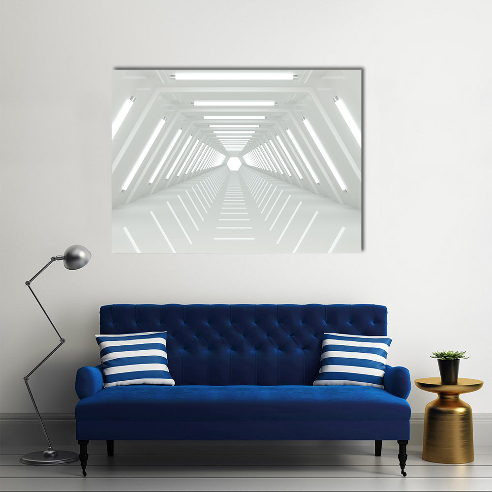 Futuristic White Corridor Tunnel Canvas Wall Art in white and gray, single panel hung on a wall
