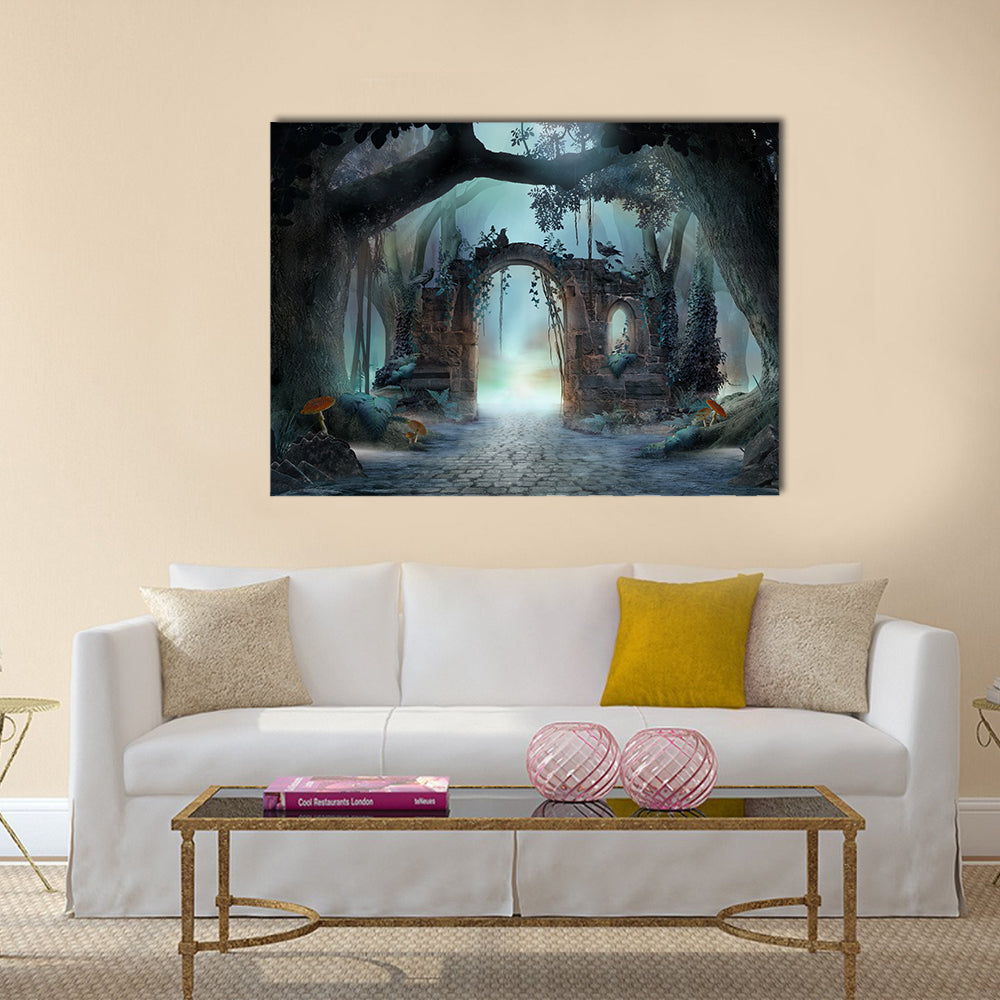 Archway In An Enchanted Fairy Forest Canvas Wall Art in gray, green and blue, single panel hung on a wall
