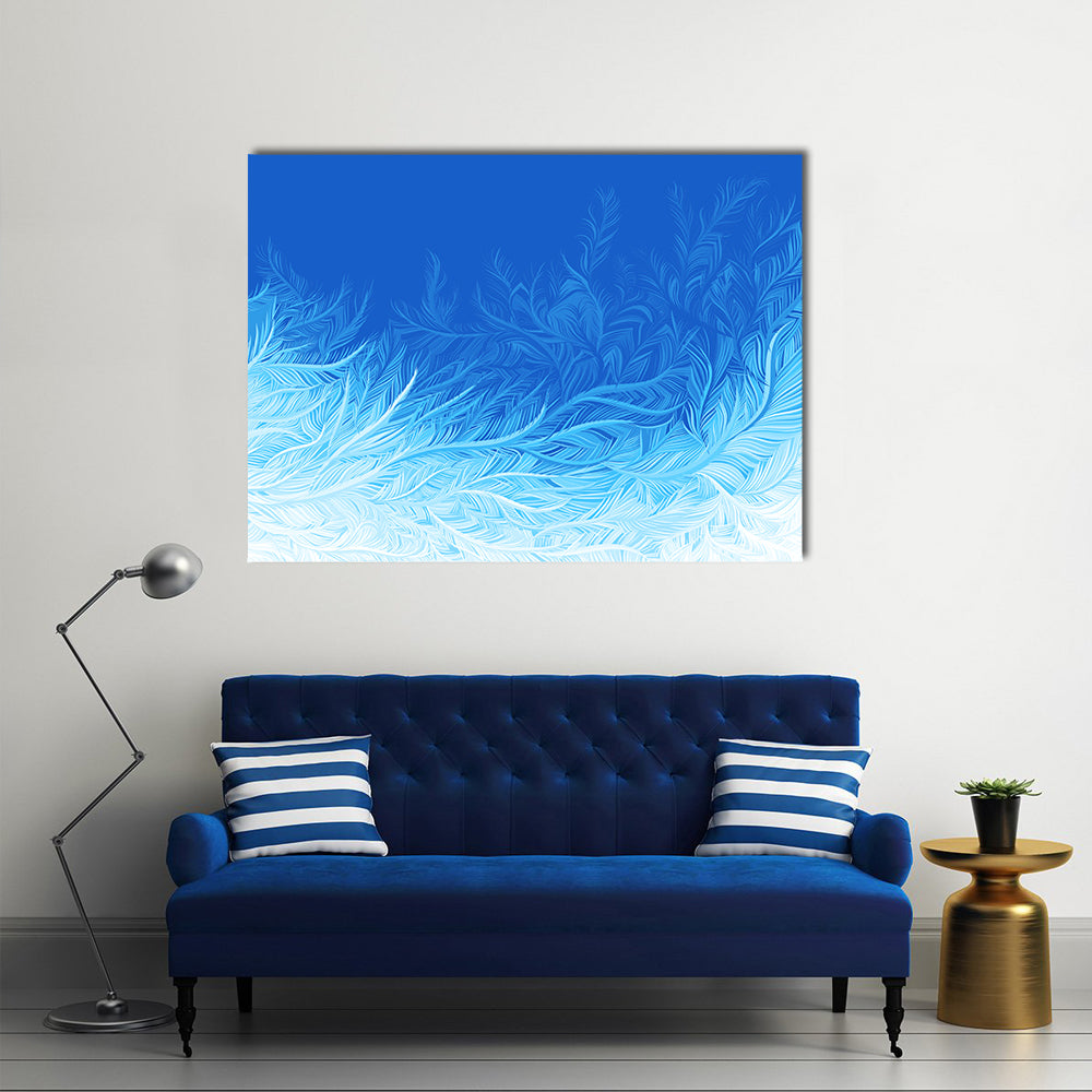 Winter Blue Frost Abstract Canvas Wall Art in white and blue, single panel hung on a wall