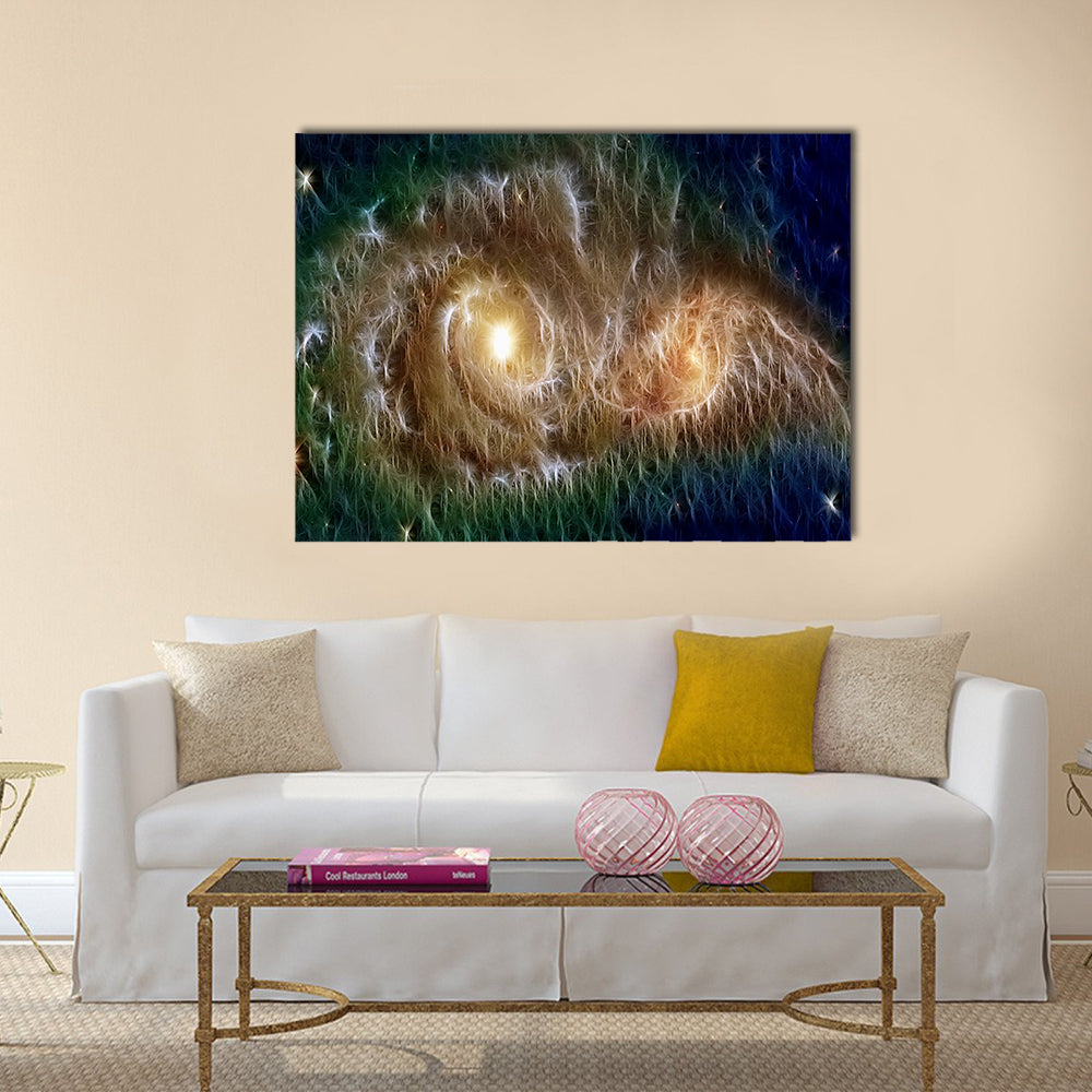 Colliding Fractal Galaxies Canvas Wall Art in gold, green and blue, single panel hung on a wall