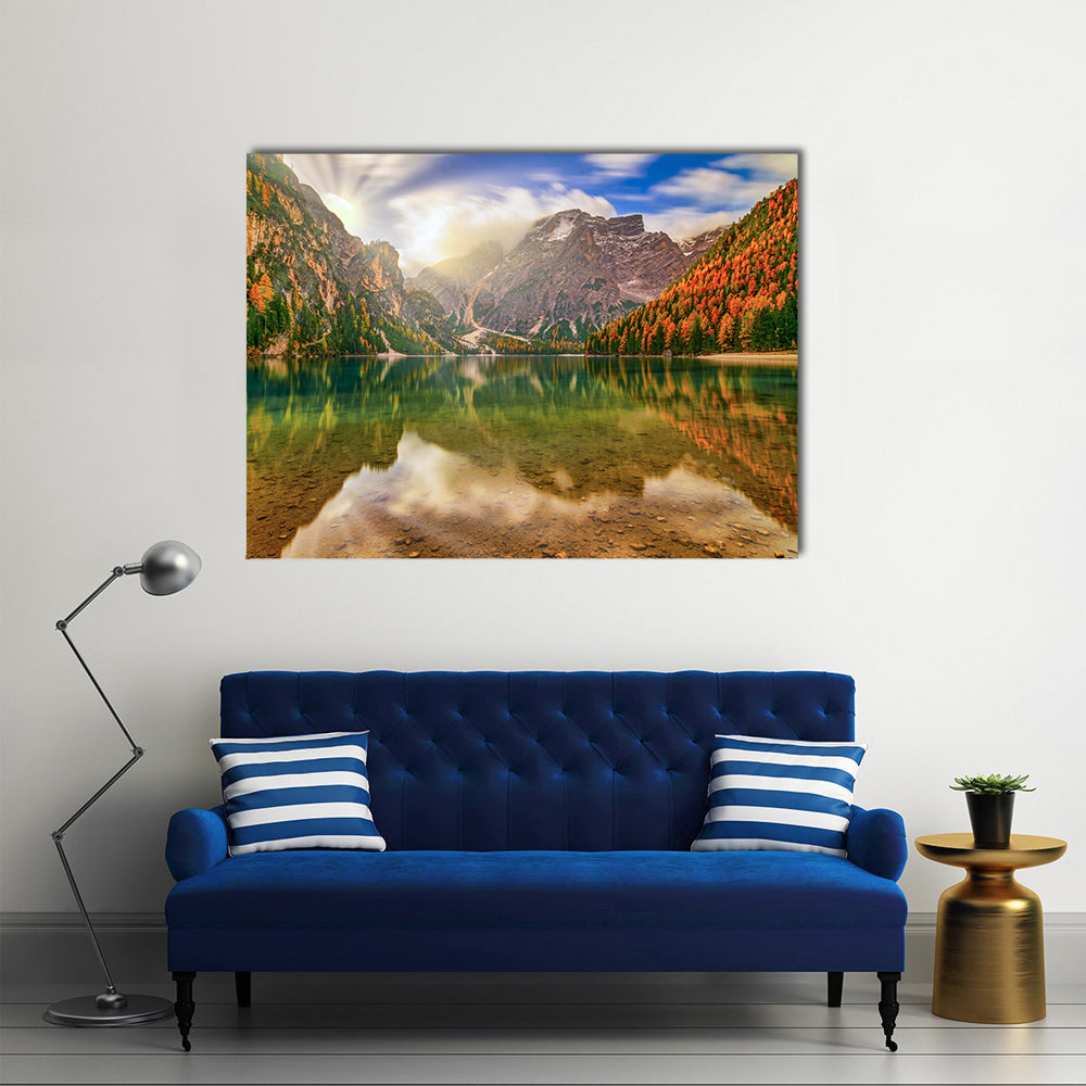 Autumn Reflection at Braies Lake Canvas Wall Art