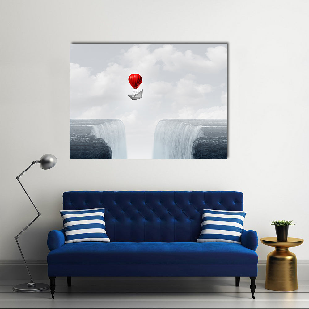 Red Balloon and Paper Boat Above Twin Waterfalls Canvas Wall Art in white, gray and red, single panel hung on a wall