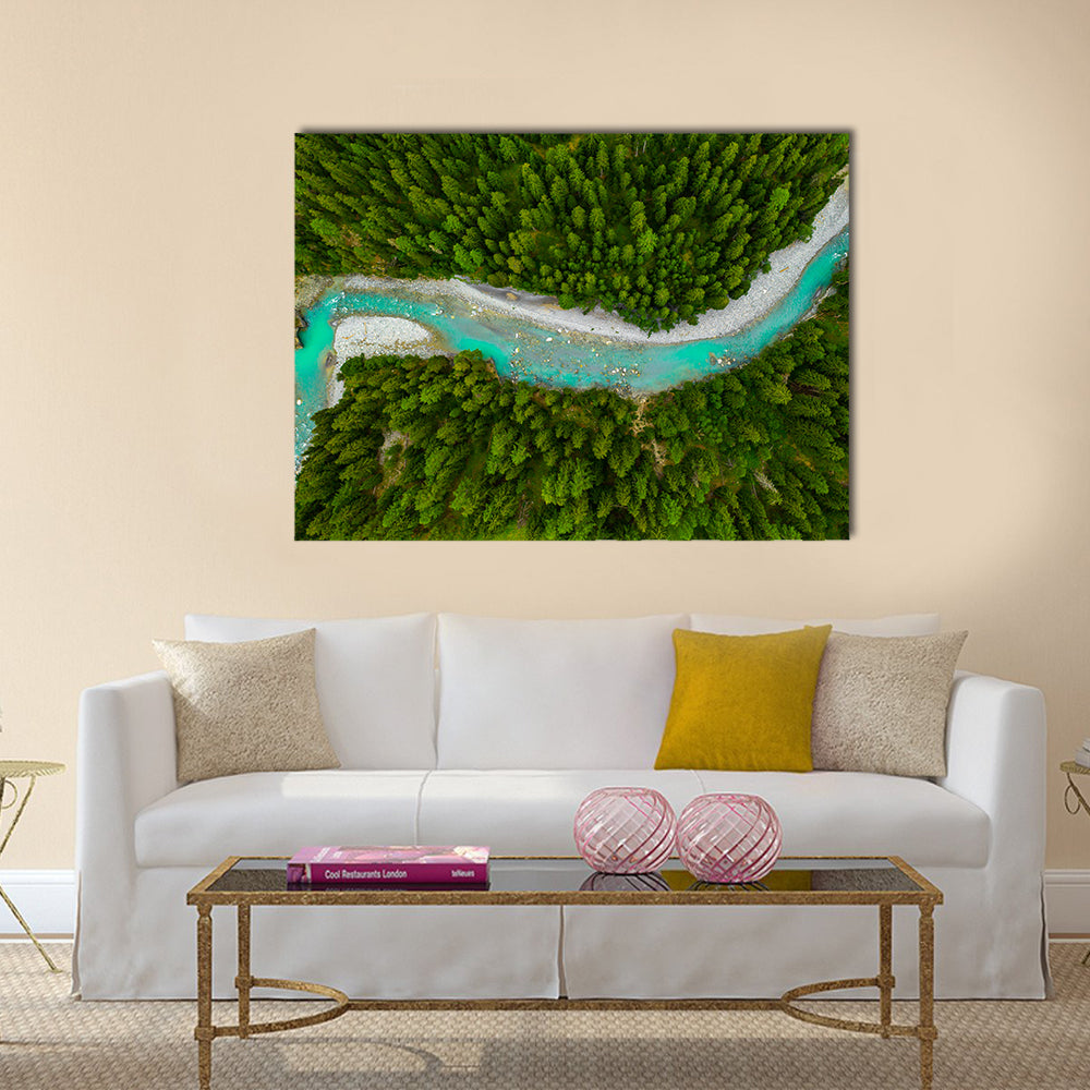 Inn River Flowing In Forest In Switzerland Canvas Wall Art in gray, green and blue, single panel hung on a wall