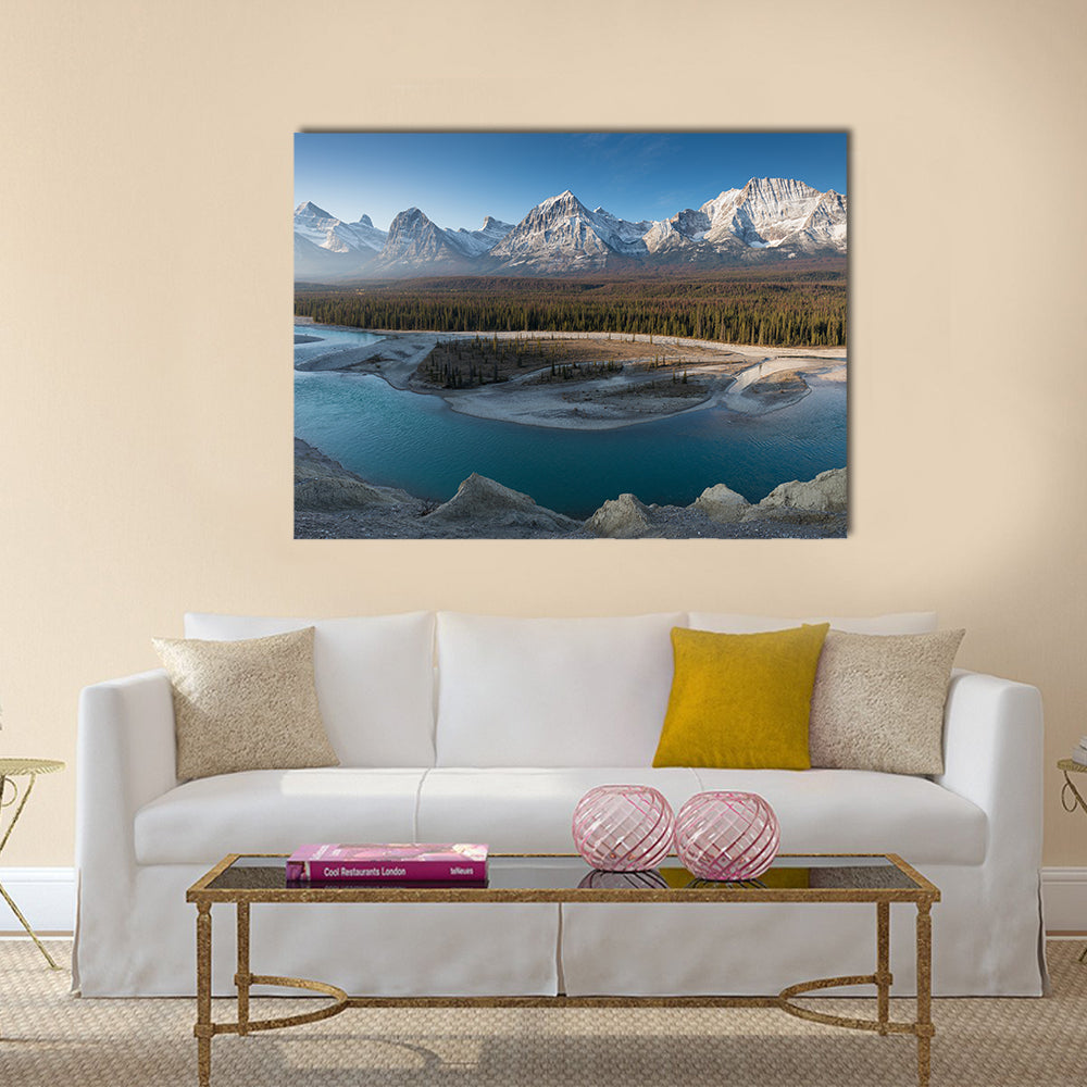 Jasper National Park Turquoise Lake Vista Canvas Wall Art in gray, brown and blue, single panel hung on a wall