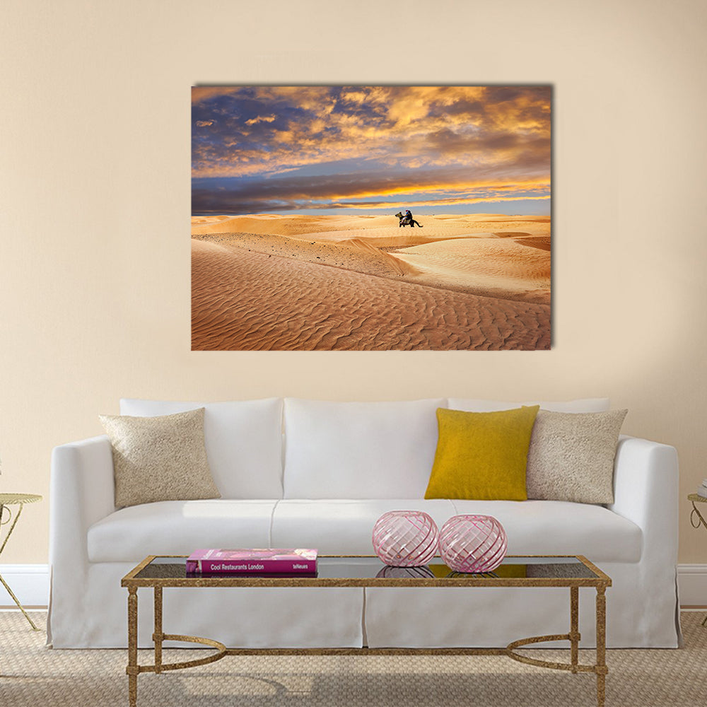 Sahara Desert At Sunrise In Tunisia Canvas Wall Art in orange, yellow and blue, single panel hung on a wall