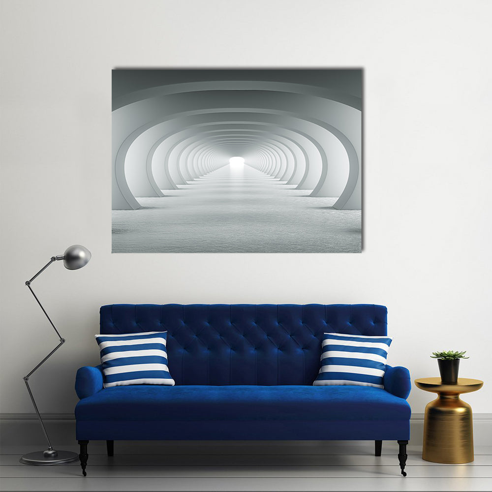 3d White Arch Tunnel Canvas Wall Art in white and gray, single panel hung on a wall