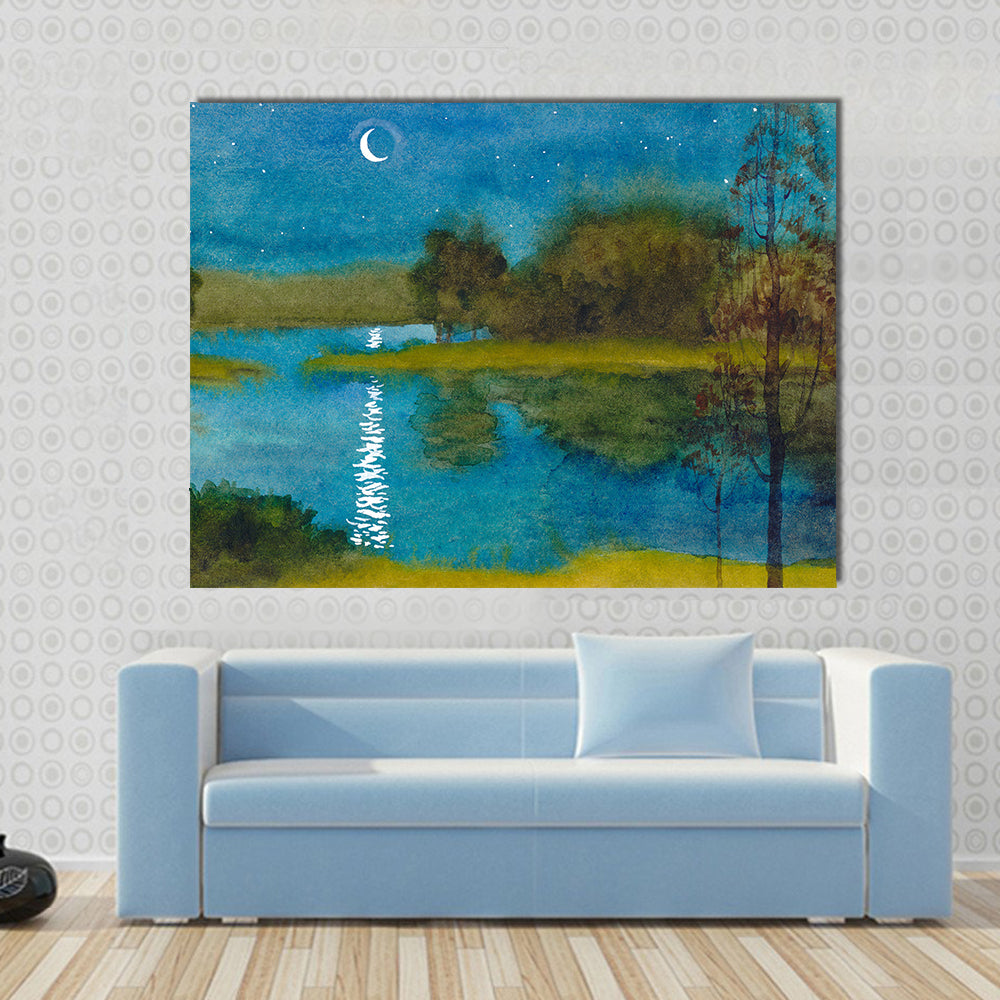 Moonlit River Watercolor Landscape Canvas Wall Art in green and blue, single panel hung on a wall