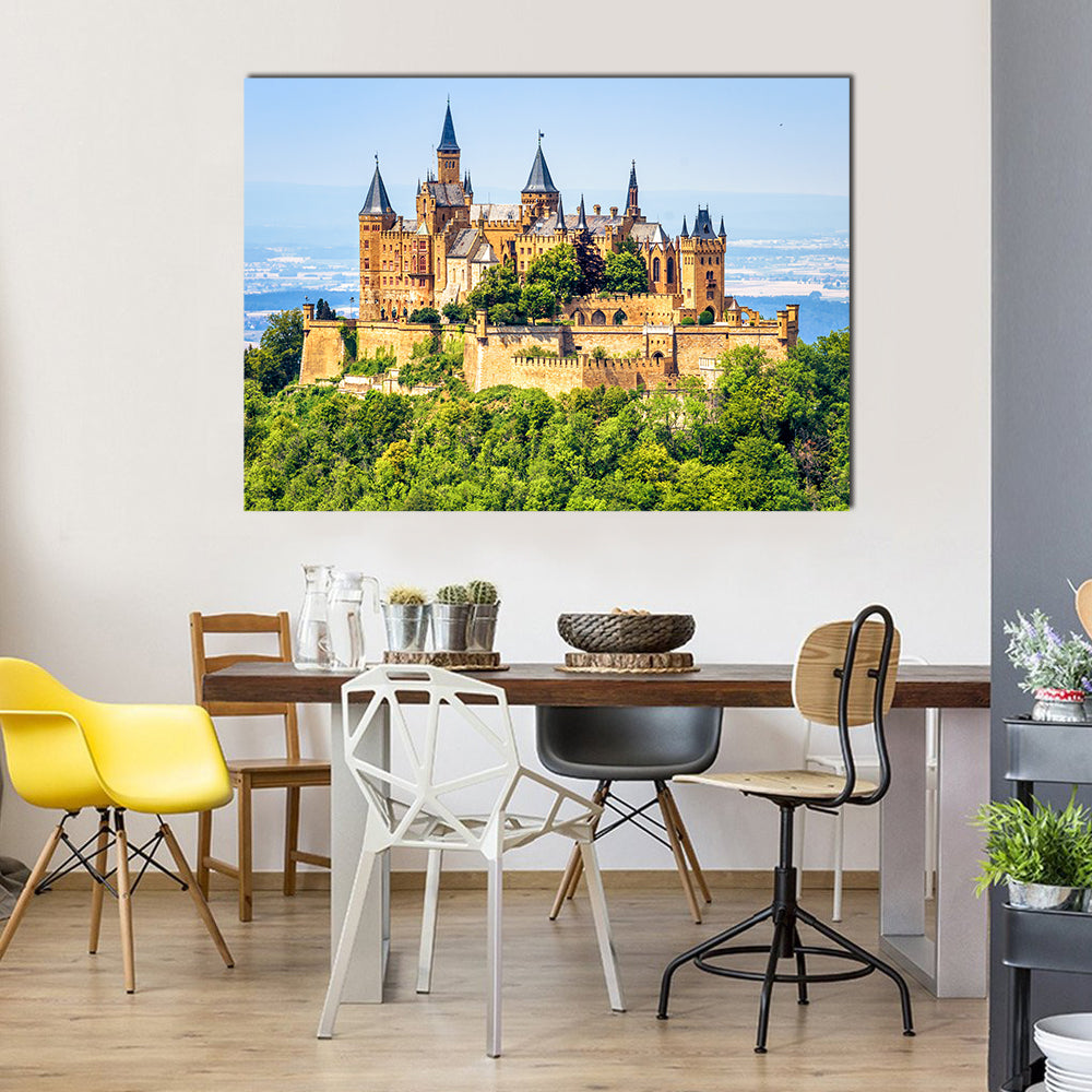 Hohenzollern Castle Canvas Wall Art in brown, green and blue, single panel hung on a wall
