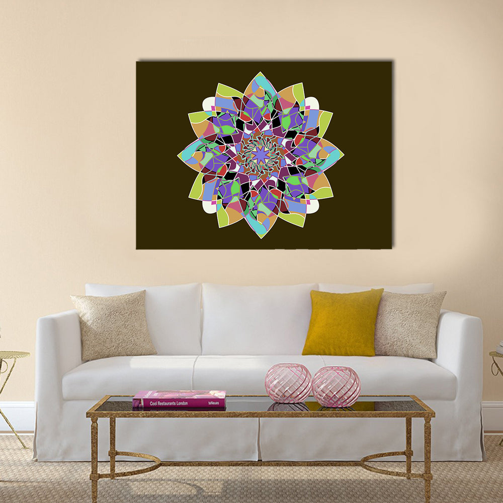 Dahlia Flower Mandala Canvas Wall Art in brown, purple and multicolor, single panel hung on a wall