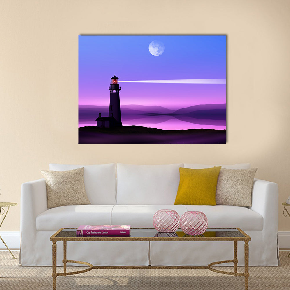 Moonlit Lighthouse Silhouette Canvas Wall Art in black, blue and purple, single panel hung on a wall