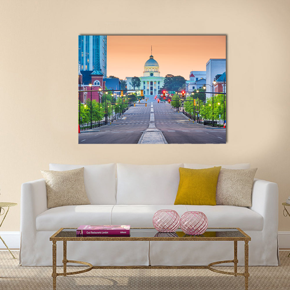 Montgomery State Capitol at Dawn Canvas Wall Art in gray, orange and blue, single panel hung on a wall