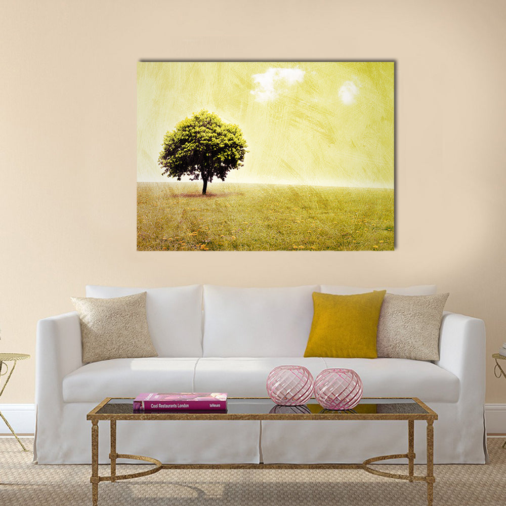 Lone Tree in Yellow Meadow Canvas Wall Art
