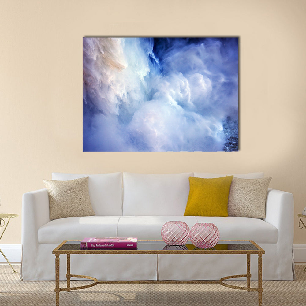 Snoqualme Falls In Washington State Canvas Wall Art in white, blue and purple, single panel hung on a wall