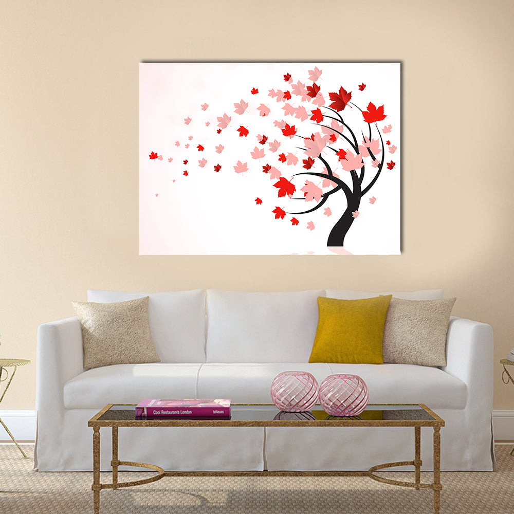 Red Maple Tree in Autumn Canvas Wall Art in white, red and pink, single panel hung on a wall