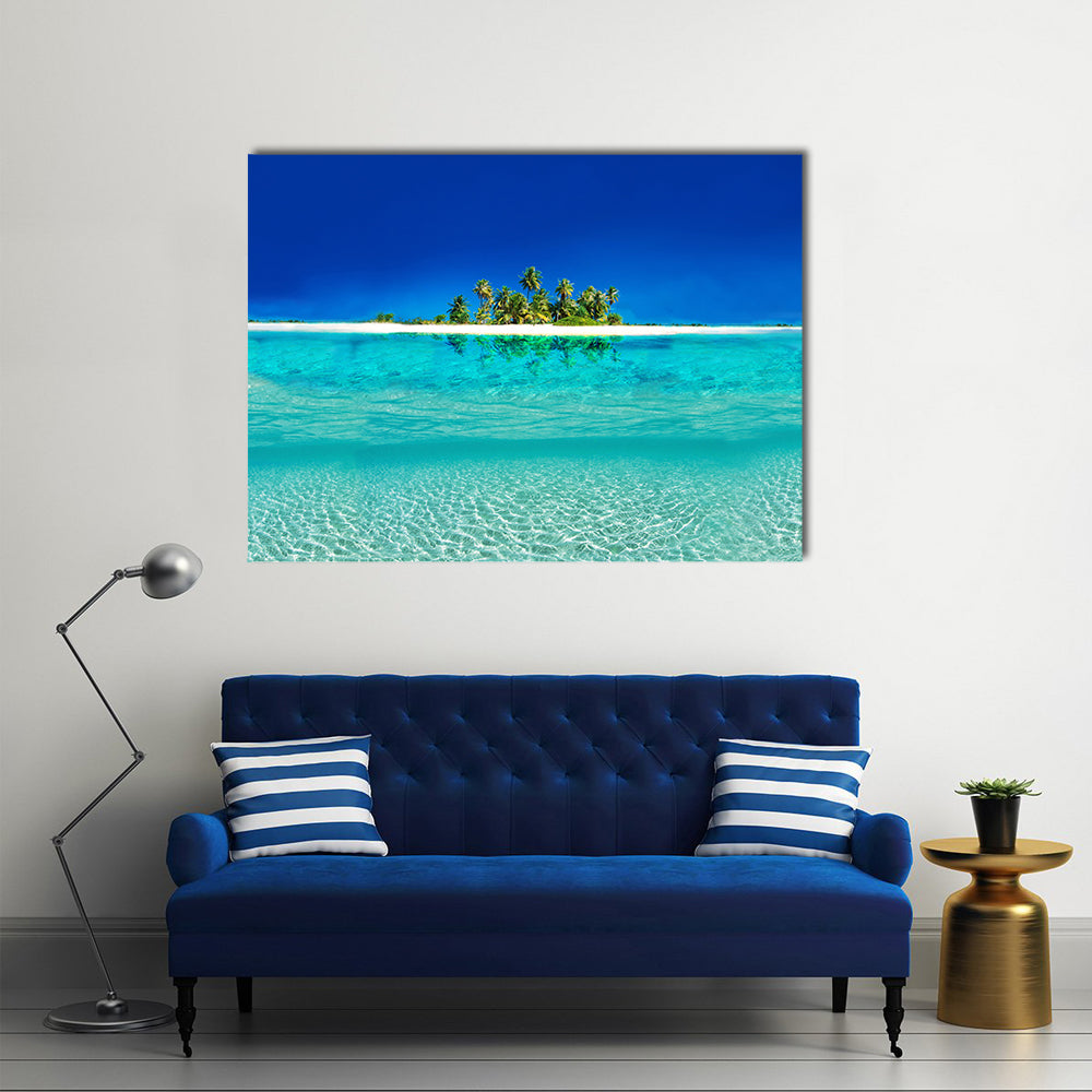 Tropical Island Reflection on the Sea Canvas Wall Art in white and blue, single panel hung on a wall