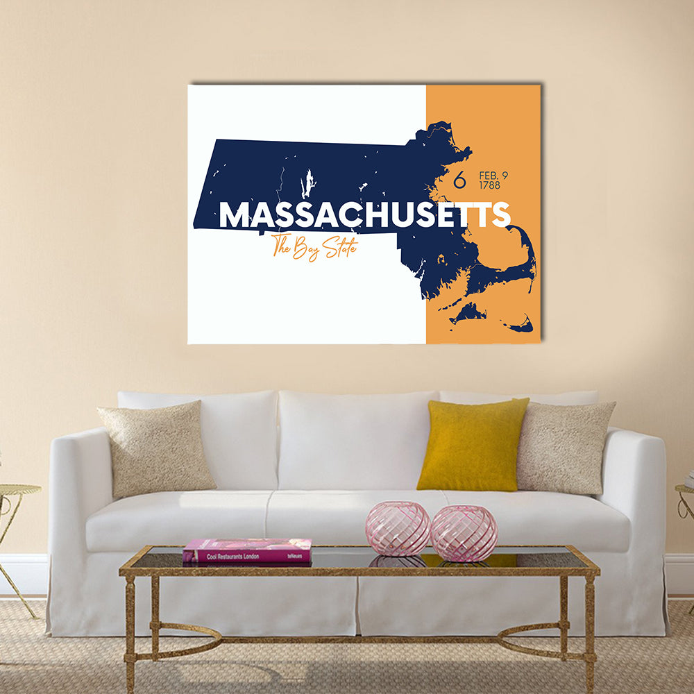 Massachusetts State Map Canvas Wall Art in white, orange and navy, single panel hung on a wall
