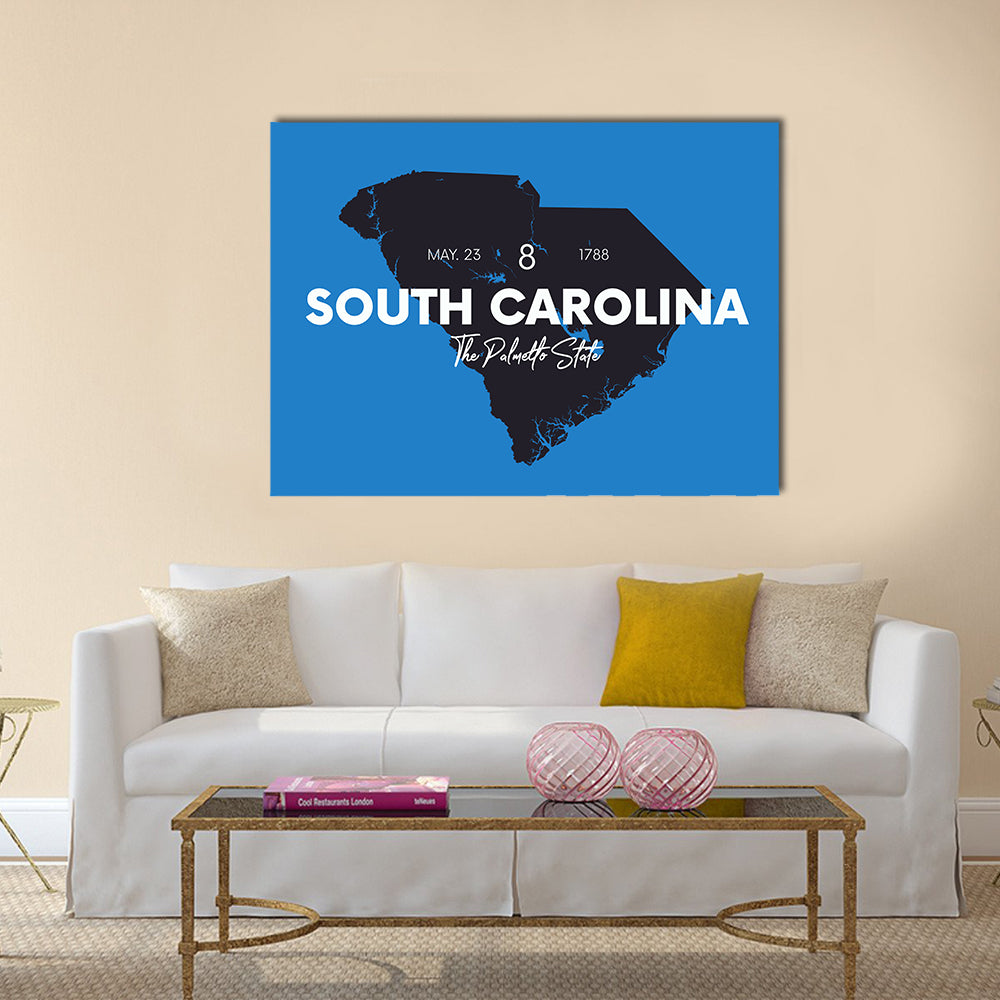 South Carolina Map Silhouette Canvas Wall Art in black, white and blue, single panel hung on a wall
