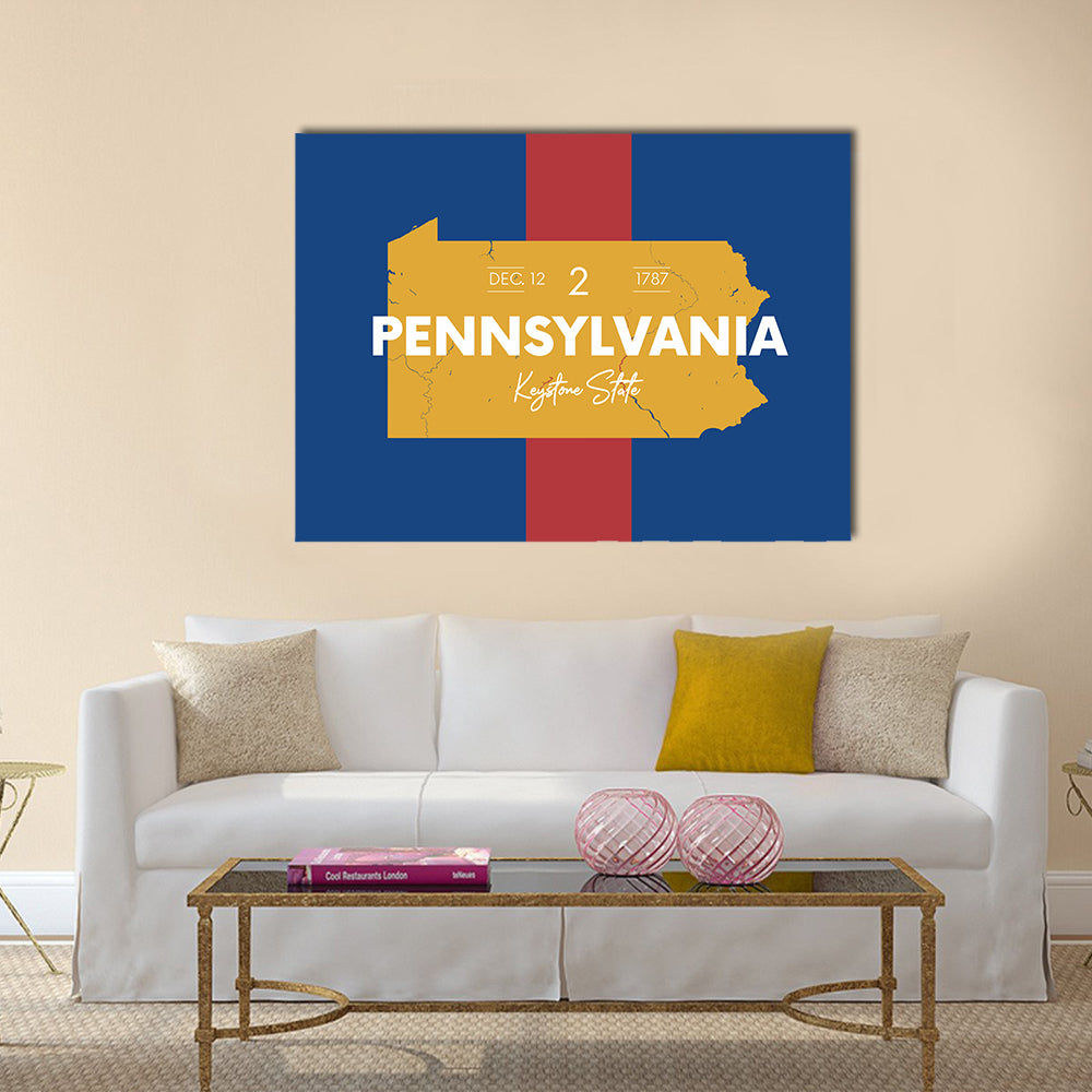 Pennsylvania Typographic Map Canvas Wall Art in red, yellow and blue, single panel hung on a wall