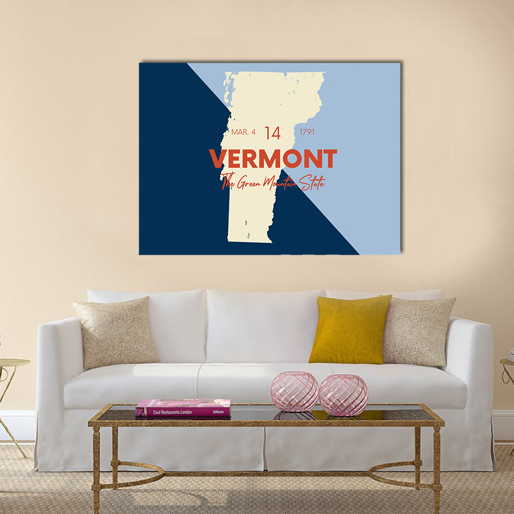 Vermont Map with Statehood Date Canvas Wall Art in beige, blue and navy, single panel hung on a wall