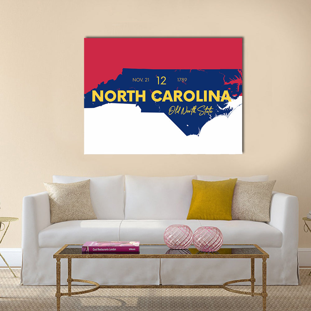 North Carolina State Map Canvas Wall Art in white, red and navy, single panel hung on a wall